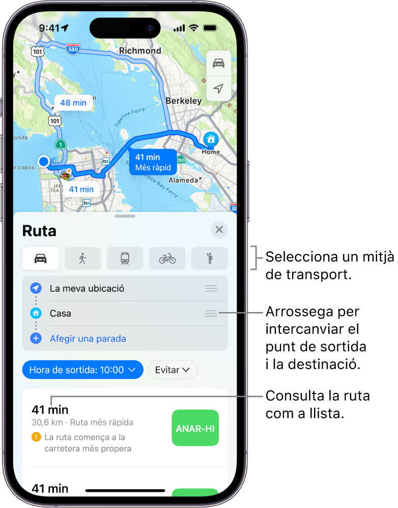 Un mapa que mostra diverses rutes en cotxe entre dues ubicacions, amb opcions per seleccionar altres modes de transport, canviar el punt d’inici i la destinació i veure les indicacions en una llista.