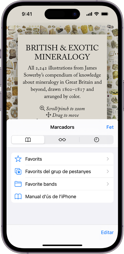 La pantalla dels marcadors, en què es mostren les opcions per veure els marcadors, la llista de lectura i l’historial de navegació.