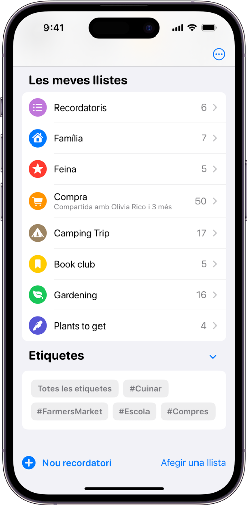 Pantalla que mostra diverses llistes a l’app Recordatoris. L’explorador d’etiquetes és a la part inferior.
