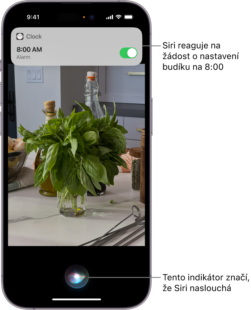 Obrazovka iPhonu. V horní části obrazovky je vidět oznámení z aplikace Hodiny, že je nastavený budík na 8:00. Ikona dole na obrazovce ukazuje, že Siri naslouchá