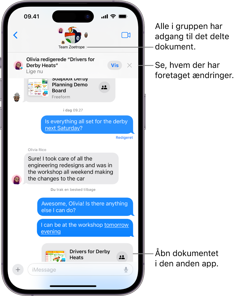 En gruppesamtale i Beskeder, herunder en invitation til samarbejde og opdateringer øverst i samtalevinduet.