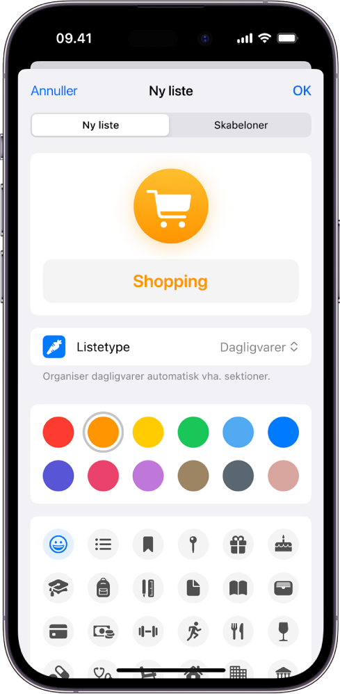 Skærmen til oprettelse af en ny liste i Påmindelser. Du kan tilpasse navnet, listetypen, farven og symbolet.