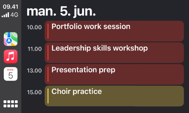 CarPlay, der viser Kort, Musik og Kalender i indholdsoversigten. Til højre er begivenhederne for mandag den 5. juni: Arbejdssession om portefølje, workshop om ledelseskompetencer, forberedelse af præsentation og kor.