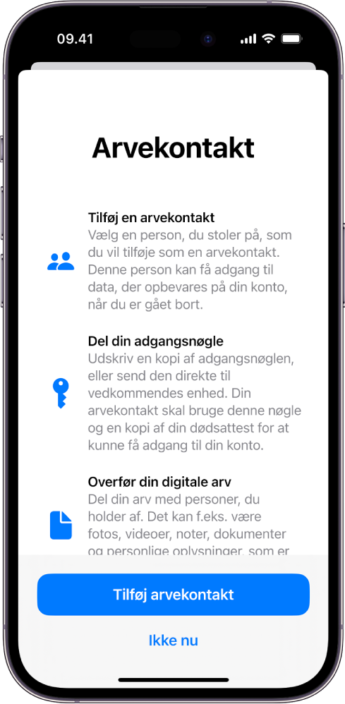 Skærmen Arvekontakt med oplysninger om funktionen. Knappen Tilføj arvekontakt er placeret nederst.