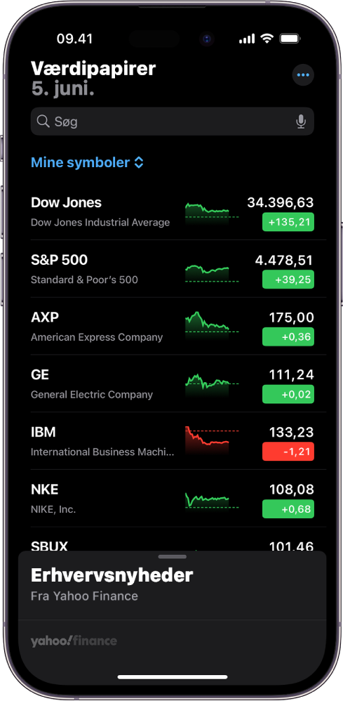 En overvågningsliste i appen Værdipapirer viser en liste med forskellige værdipapirer. Alle værdipapirer på listen viser fra højre til venstre symbolet og navnet for værdipapiret, et diagram over kursudviklingen, prisen på værdipapiret og prisændringer. Øverst på skærmen, over titlen på overvågningslisten Mine symboler, ses søgefeltet. Nederst på skærmen er Erhvervsnyheder. Skub op på Erhvervsnyheder for at se artikler.