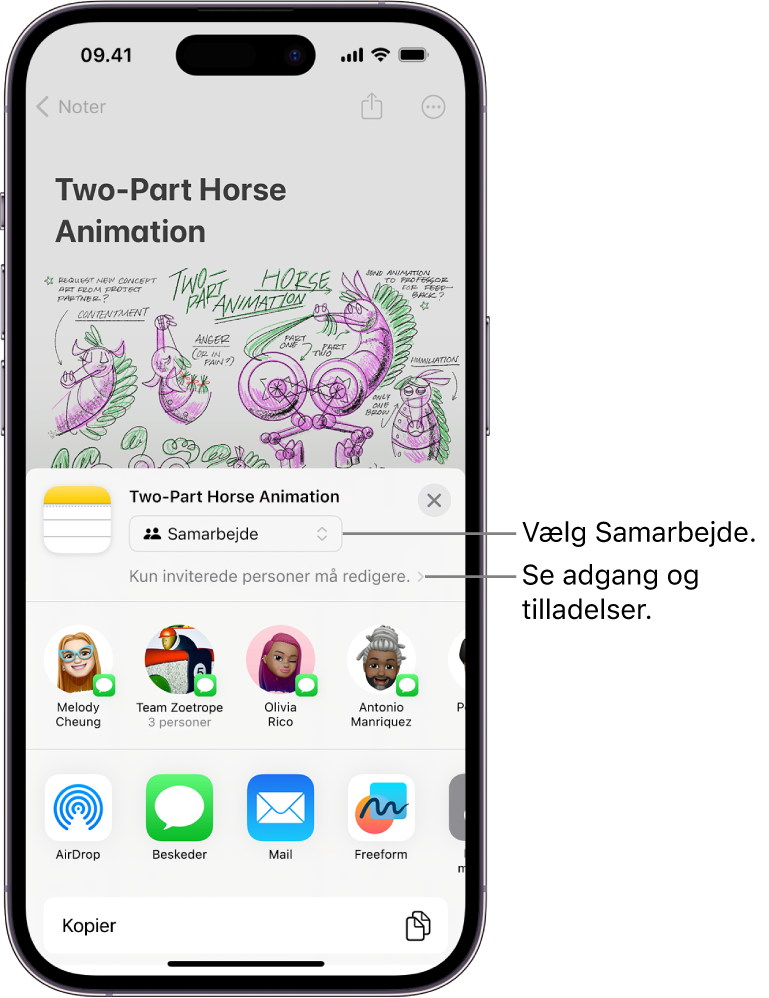En samarbejdsinvitation til en tegning i Noter, der viser Samarbejde som delingsmulighed med tilladelsen ”Kun personer, du inviterer, kan redigere”. Fire mulige modtagere, herunder en gruppe, danner en række under nedenunder. Den nederste række indeholder forskellige måder at dele noten på: AirDrop, Beskeder, Mail og Freeform.
