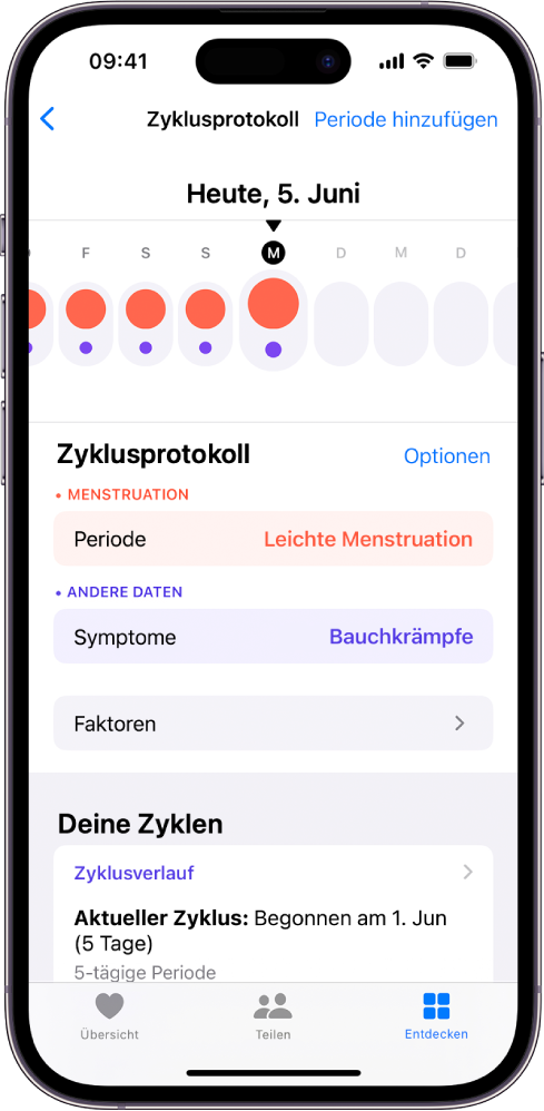 Der Bildschirm „Zyklusprotokoll“ mit der Zeitleiste für eine Woche im oberen Bereich. Die ersten 5 Tage der Zeitleiste sind mit ausgefüllten roten Kreisen und violetten Punkten markiert. Unter der Zeitleiste befinden sich Optionen zum Hinzufügen von Informationen über Perioden, Symptome und mehr.