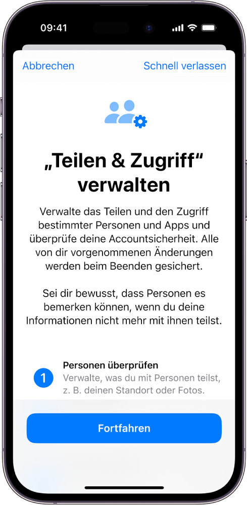 Der Bildschirm „‚Teilen & Zugriff‘ verwalten“ mit Informationen über die Funktionsweise der Funktion. Unten befindet sich die Taste „Fortfahren“.