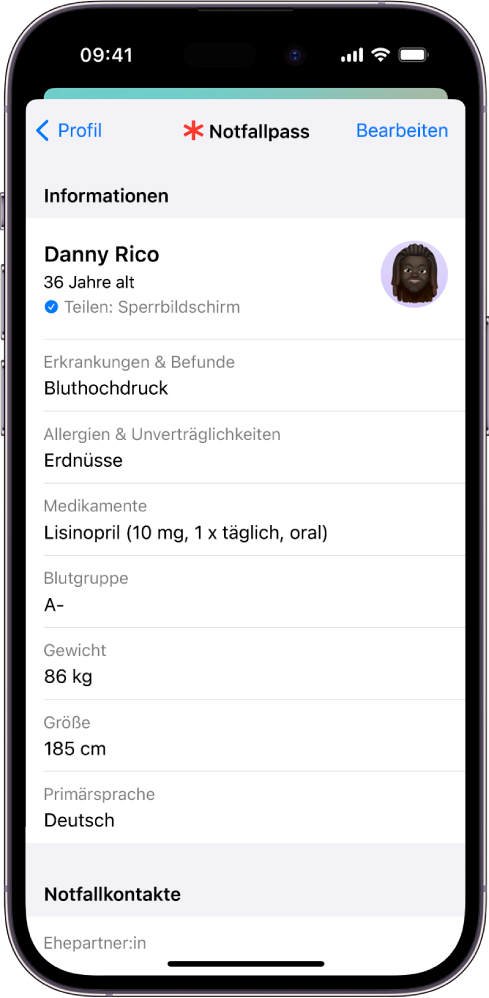 Ein Notfallpass-Bildschirm mit Informationen wie Geburtsdatum, körperliche Beschwerden, Medikamente und Notfallkontakte.