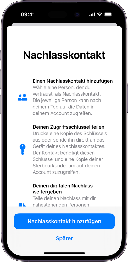 Der Bildschirm „Nachlasskontakt“ mit Informationen über die Funktion. Die Taste „Nachlasskontakte hinzufügen“ befindet sich unten.