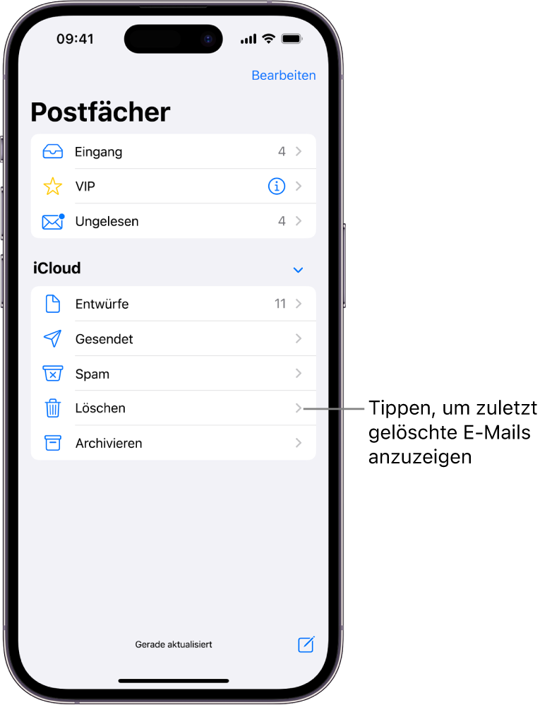 Der Bildschirm „Postfächer“. Unter „iCloud“ sind von oben nach unten Postfächer aufgelistet, darunter das Postfach „Papierkorb“. Tippe darauf, um die zuletzt gelöschten E-Mails zu sehen.