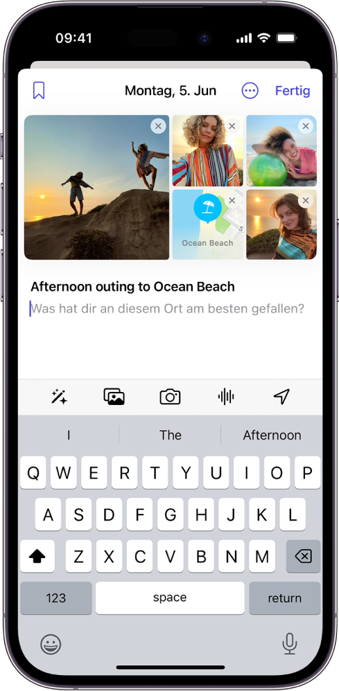Der Bildschirm zum Verfassen eines Journaleintrags mit Fotos im oberen Bereich und einer Aufforderung, die dir beim Schreiben hilft.