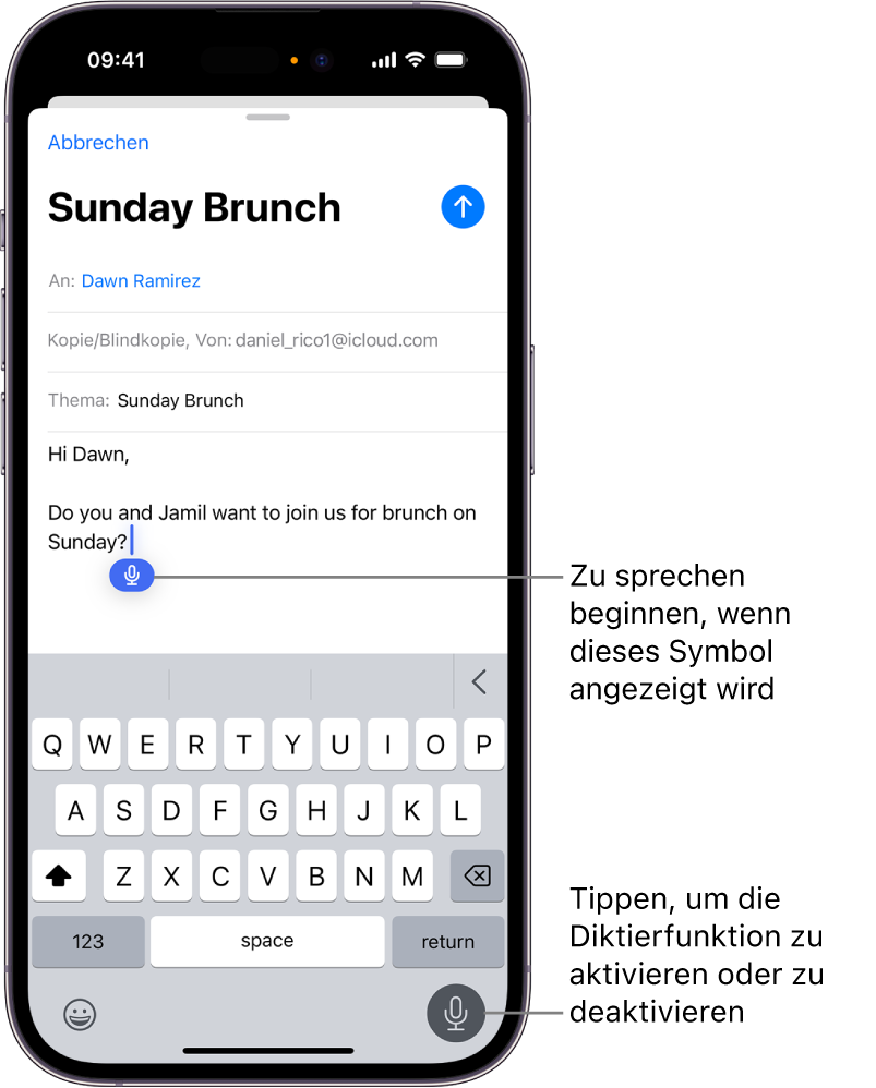 Die Online-Bildschirmtastatur ist in der App „Mail“ geöffnet. Die Taste „Diktat“ unten rechts auf dem Bildschirm wird ausgewählt und die Taste „Diktat“ erscheint unter der Einfügemarke im Eingabefeld.