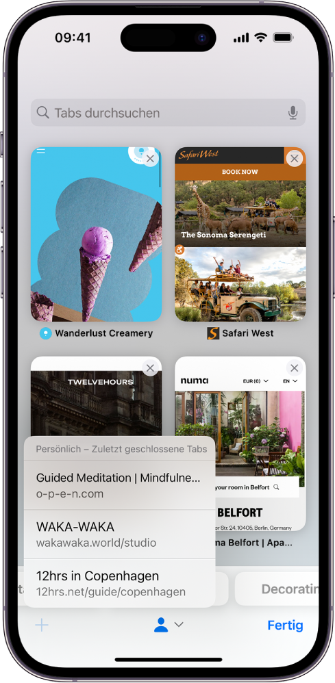 Auf dem Bildschirm sind Vorschaufenster geöffneter Tabs zu sehen. Unten links auf dem Bildschirm wird die Taste „Neuer Tab“ auswählt und zeigt eine Liste der kürzlich geschlossenen Tabs.