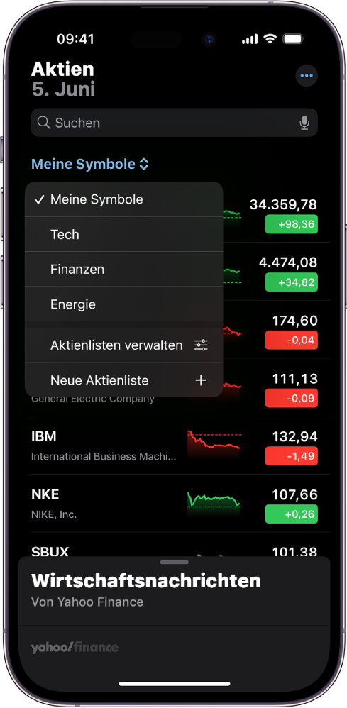 Eine Aktienliste in der App „Aktien“ mit einer Liste verschiedener Aktien. Jede Aktie in der Liste zeigt von links nach rechts das Aktiensymbol und den Namen der Aktie, ein Entwicklungsdiagramm, den Aktienkurs und Kursänderungen. Oben auf dem Bildschirm ist die Aktienliste „Meine Symbole“ ausgewählt und die folgenden Aktienlisten und Optionen sind verfügbar: Technik, Finanzen, Energie, Aktienlisten verwalten und Neue Aktienliste.