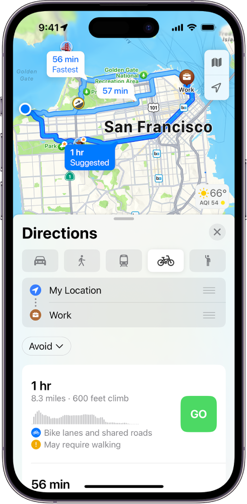 A map showing cycling route options. The route card at the bottom provides details, including estimated travel times, elevation changes, and the types of roads. A Go button appears to the right of the details.