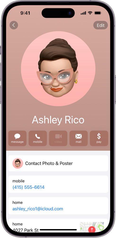 A contact card in the Contacts app.