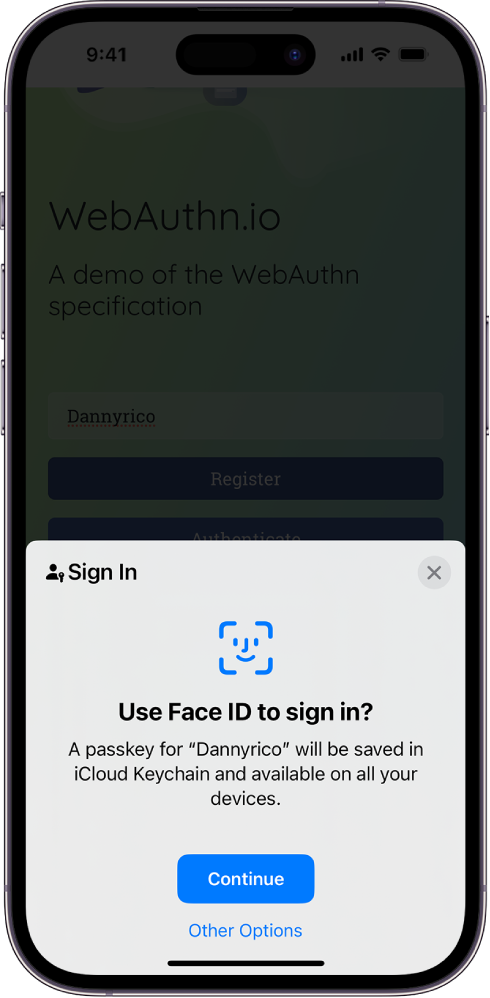 The bottom half of the iPhone screen gives the option to use passkeys to sign in to a website. It has a Continue button to save a passkey, and an Other Options button.