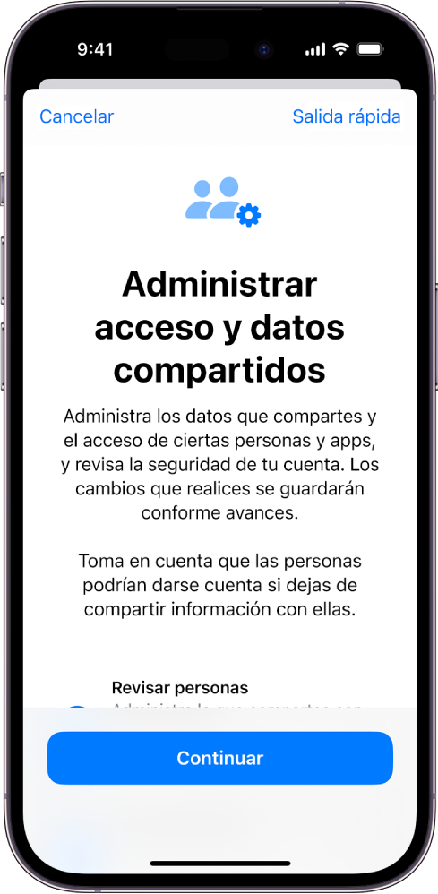 La pantalla Administrar acceso y datos compartidos con información sobre la función. En la parte inferior está el botón Continuar.