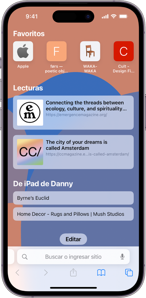 La página principal en Safari, que muestra los sitios web favoritos, los sitios guardados en la lista de lecturas, y los sitios abiertos en otro dispositivo Apple. En la parte inferior de la pantalla está el botón Editar.