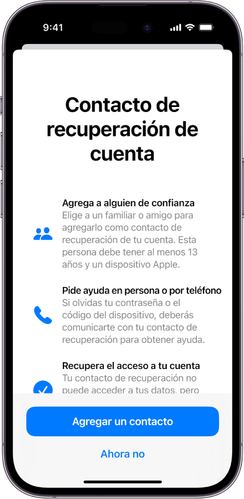 La pantalla Contacto de recuperación de la cuenta con información sobre la función. En la parte inferior está el botón Agregar contacto de recuperación.