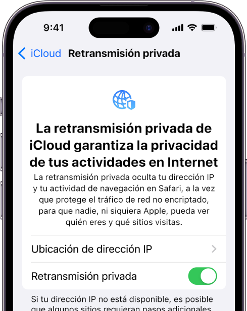 La pantalla de Configuración para activar o desactivar Retransmisión privada.