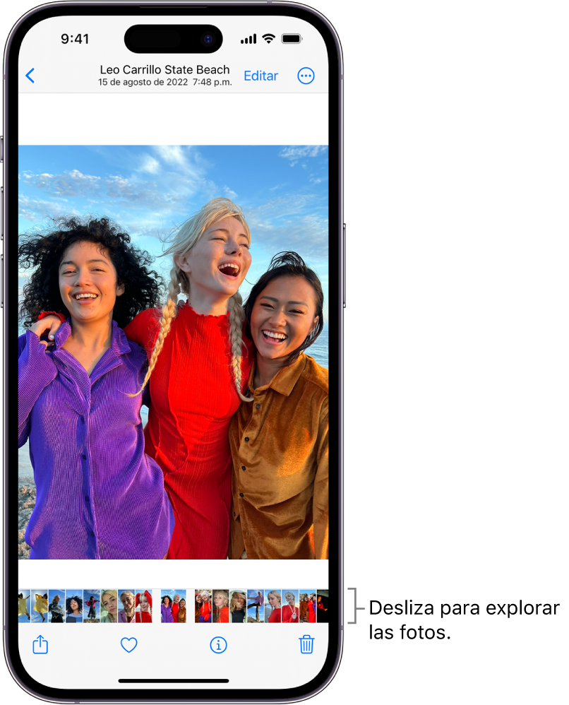 Una foto con miniaturas de otras fotos en la parte inferior de la pantalla. En la parte superior izquierda se encuentra en botón Atrás, que te lleva de regreso a la visualización en la que estabas. En la parte inferior se encuentran los botones Compartir, Me gusta y Eliminar. En la parte superior derecha está el botón Editar.