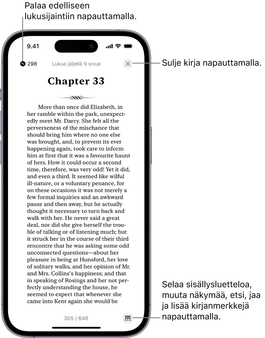 Kirjan sivu Kirjat-apissa. Näytön yläreunassa on painikkeet, joilla voit palata sivulle, josta aloitit lukemisen, ja sulkea kirjan. Näytön oikeassa alareunassa on Valikko-painike.