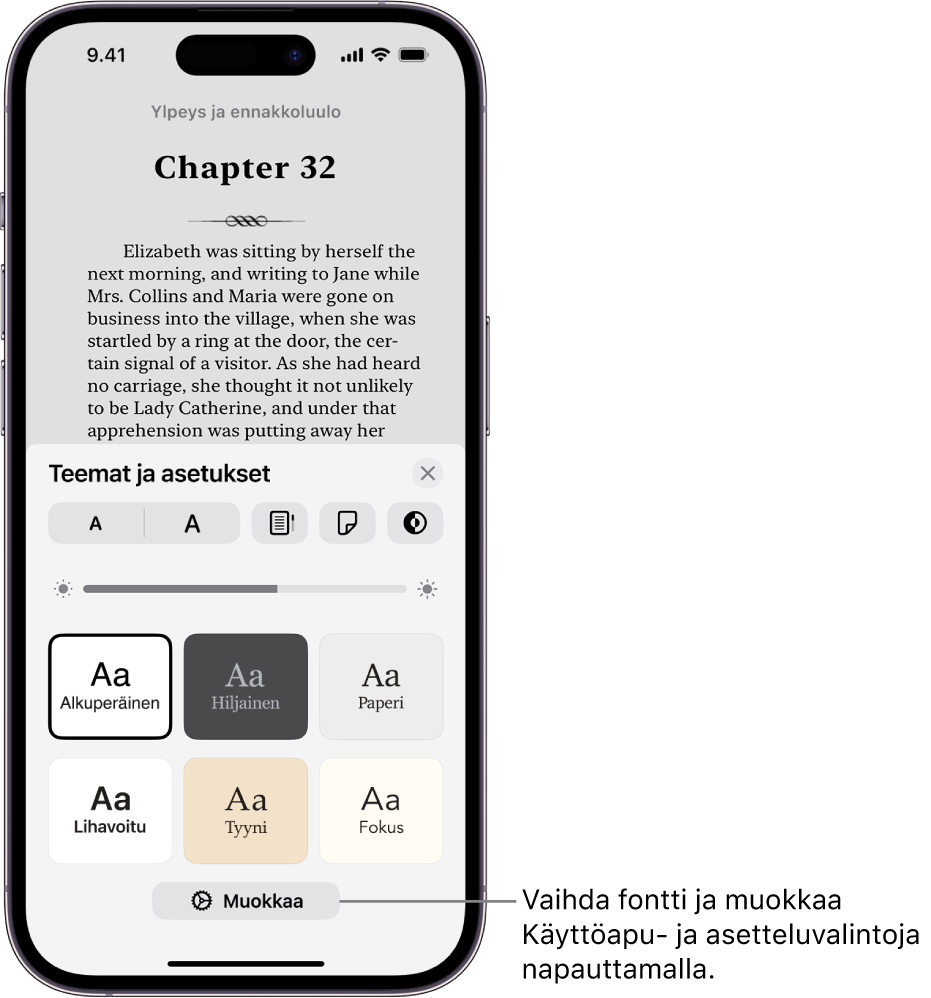 Kirjan sivu Kirjat-apissa. Teemat ja asetukset -valinnat, joissa on fonttikoon, vieritysnäkymän, sivunkäännön tyylin, kirkkauden ja fonttityylien säätimet.
