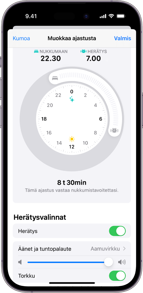 Ajastuksen muuttamisen näyttö Terveys-apissa. Näytön yläreunassa ovat nukkumaanmenon ja herätyksen kello, ja herätysasetukset näkyvät näytön alareunassa.
