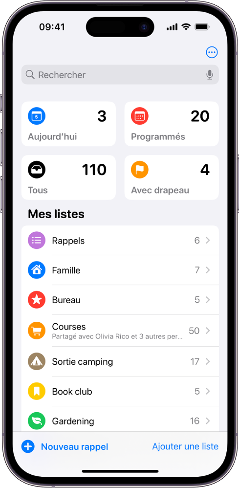 Un écran affichant plusieurs listes dans Rappels. Le champ de recherche se trouve dans la partie supérieure, au-dessus de « Listes intelligentes » pour les éléments pour aujourd’hui, pour les rappels programmés, pour tous les rappels et pour les rappels marqués d’un drapeau. Le bouton « Ajouter une liste » se trouve en bas à droite.