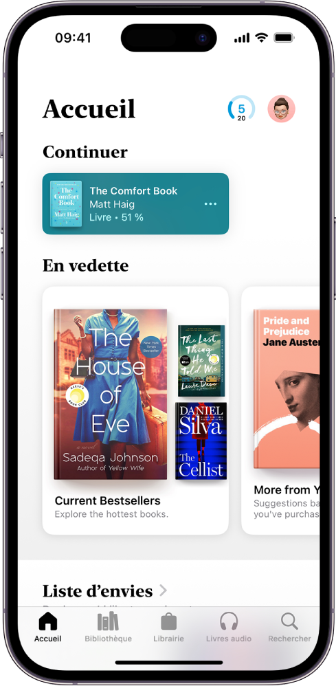 L’écran Accueil dans l’app Livres. En bas de l’écran se trouvent, de gauche à droite, les onglets Accueil, Bibliothèque, Librairie, Livres audio et Rechercher. L’onglet Accueil est sélectionné.