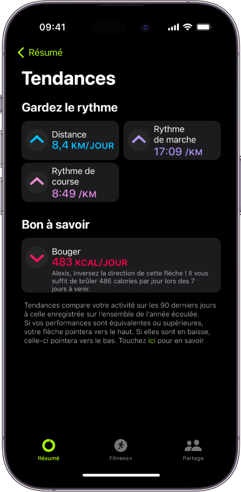 L’écran Tendances dans Forme, affichant des mesures pour la distance, le rythme de marche, le rythme de course et les calories actives brûlées.