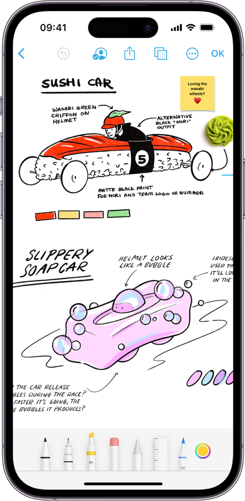 Un iPhone avec l’app Freeform et le menu des outils de dessin ouvert. Le tableau comprend l’écriture et les dessins.