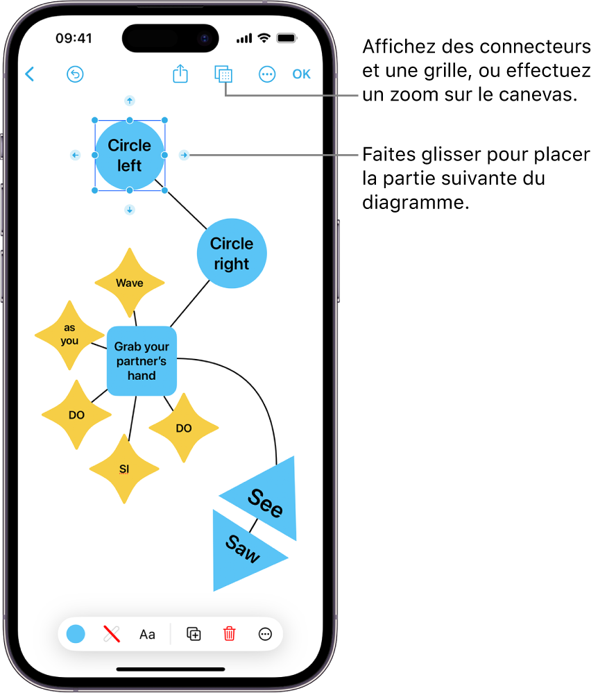 Un diagramme sur un tableau Freeform avec des connecteurs affichés sur une figure sélectionnée, et les outils de mise en forme des figures visibles en bas de l’écran.