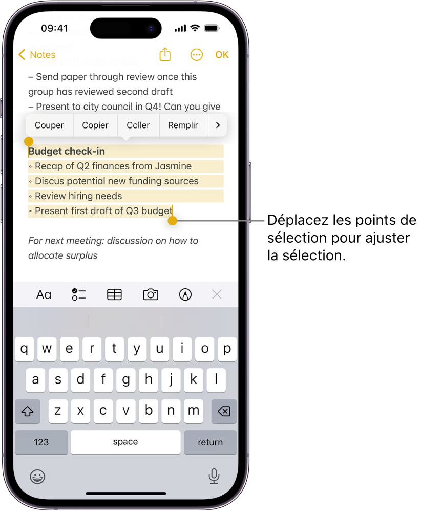 Le texte est sélectionné dans une note dans l’app Notes. Au-dessus de la sélection se trouvent les boutons Couper, Copier, Coller et Remplissage automatique. Le texte sélectionné est surligné, avec des points de poignée permettant d’ajuster la sélection à chaque extrémité.