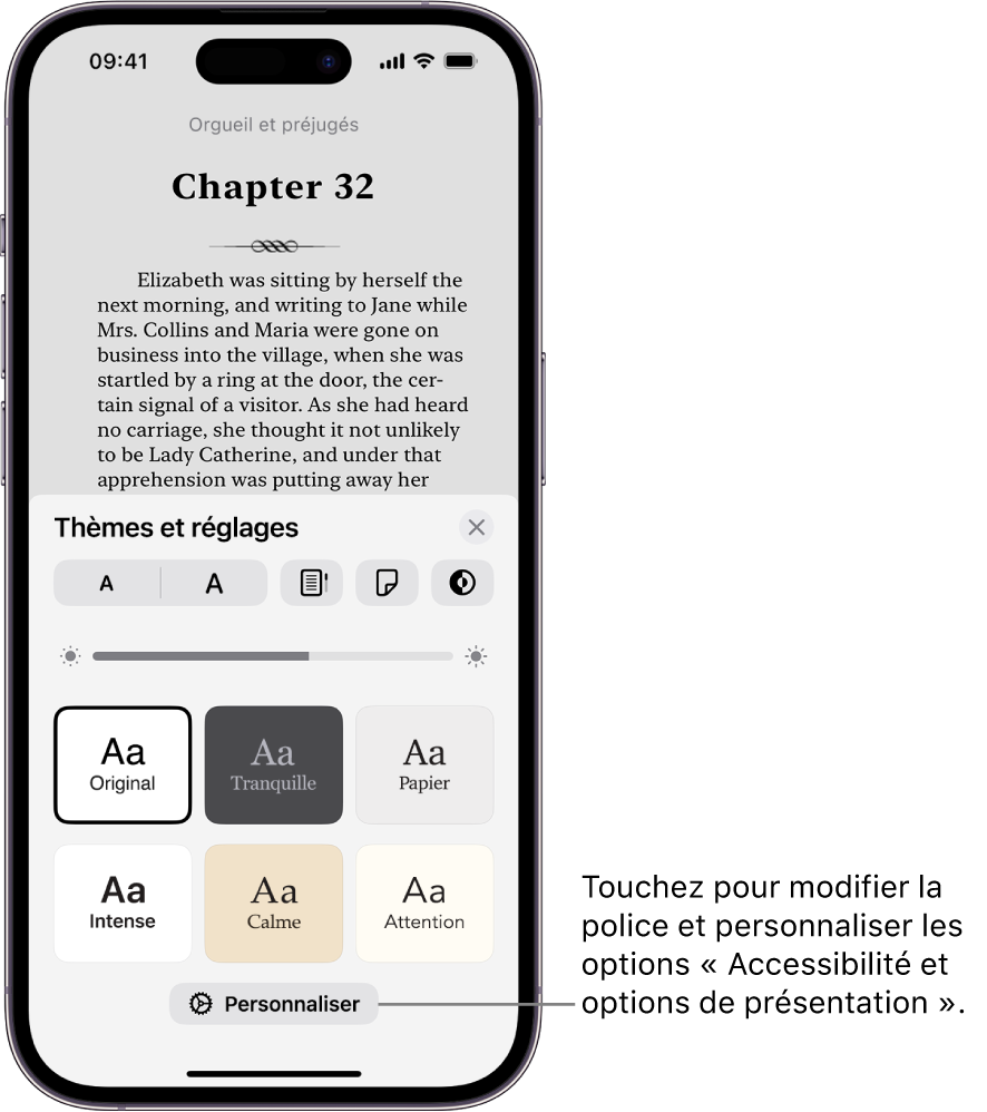 Une page d’un livre dans l’app Livres. Les options Thèmes et réglages affichant des commandes pour la taille de la police, la disposition du défilement, le style de défilement des pages, la luminosité et les styles de police.