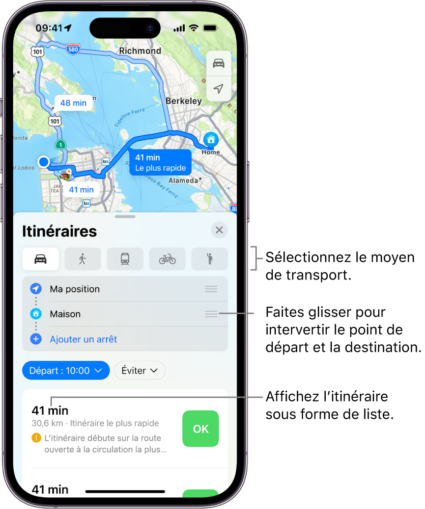 Plan affichant plusieurs itinéraires en voiture entre deux lieux, ainsi que des options permettant de choisir d’autres moyens de transport, d’intervertir le point de départ et la destination, et d’afficher les instructions d’un itinéraire sous la forme d’une liste.