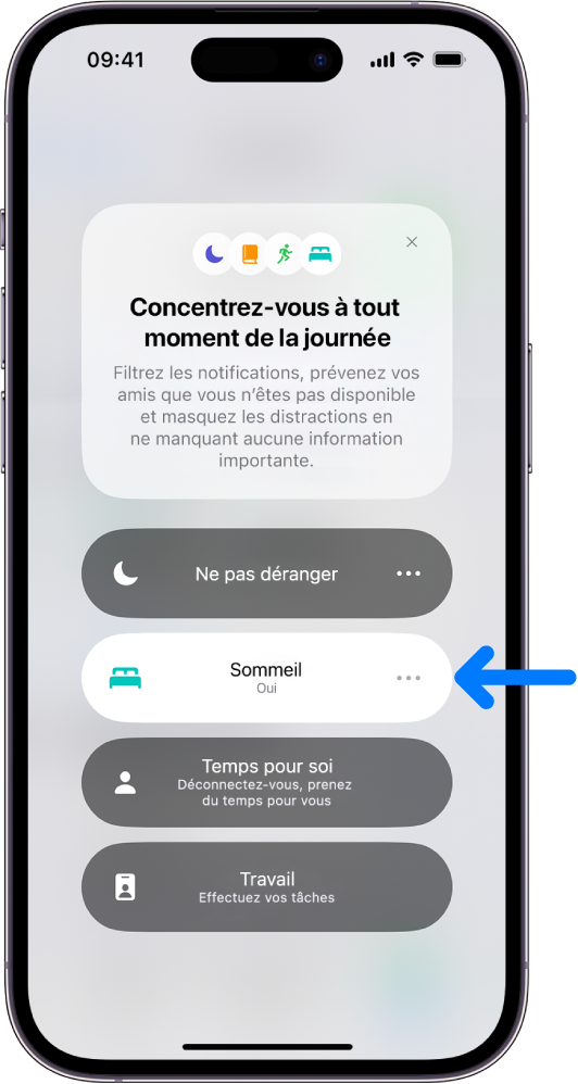 L’écran Concentration avec l’option « Mode de concentration Repos » activée, et les options Ne pas déranger, Mode de concentration Temps pour soi et Mode de concentration Travail désactivées.