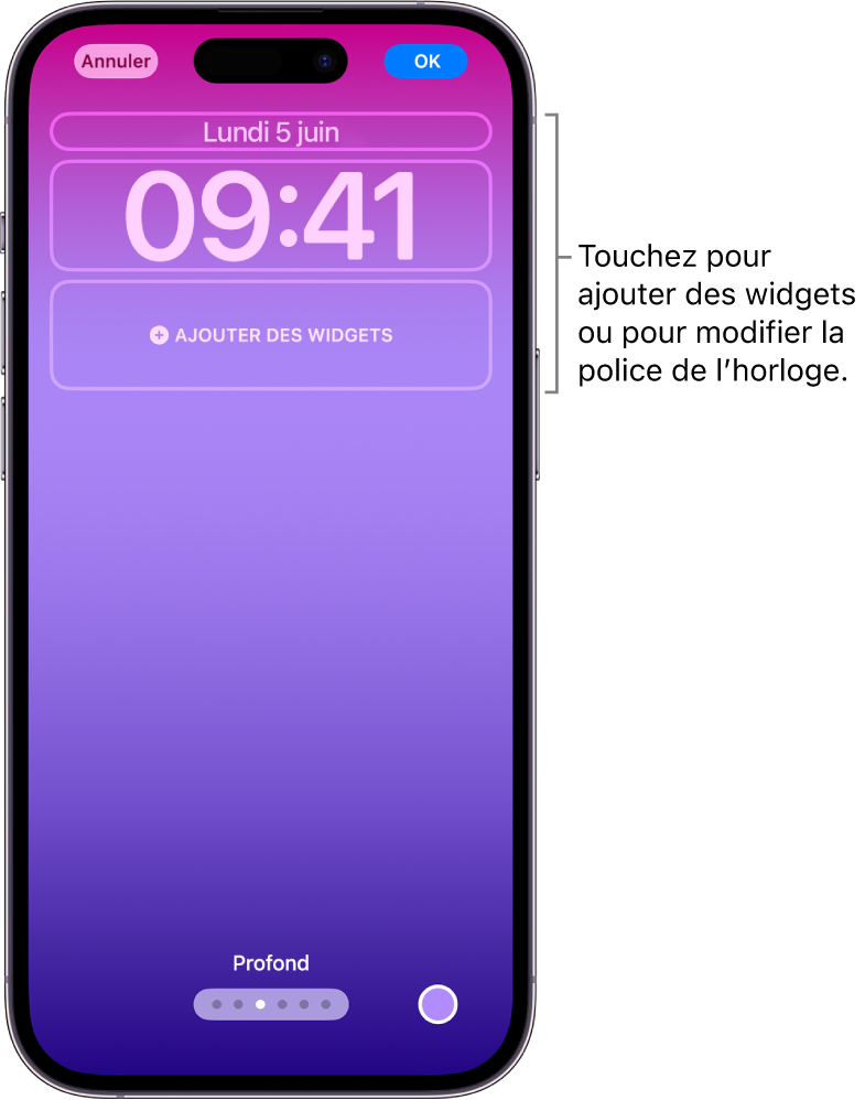 Un écran verrouillé personnalisé en cours de modification. Plusieurs éléments personnalisables sont sélectionnés : la date, l’heure, ainsi qu’un bouton permettant d’ajouter des widgets.