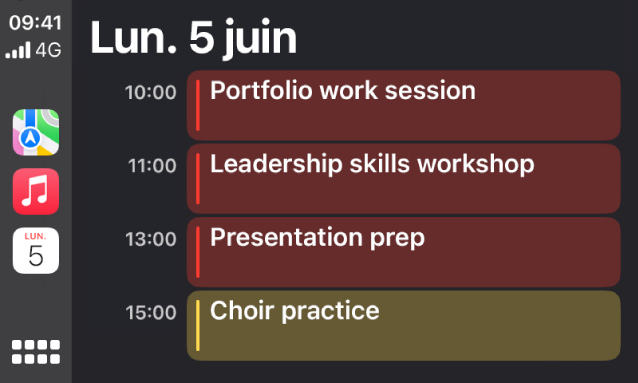 CarPlay affichant Plans, Musique et Calendrier dans la barre latérale. À droite se trouvent les évènements du lundi 5 juin : séance de travail sur le portefeuille, atelier sur les compétences de leadership, préparation de la présentation et répétition de la chorale.