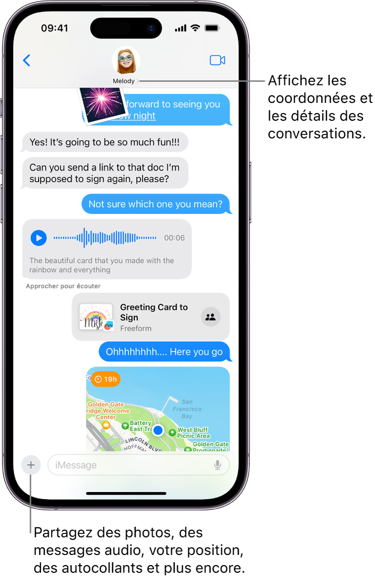 Une conversation Messages. Le nom de la personne à laquelle vous envoyez des messages est en haut de l’écran. Vous pouvez toucher son nom pour afficher les détails de la conversation. Le bouton Ajouter se trouve dans le coin inférieur gauche.