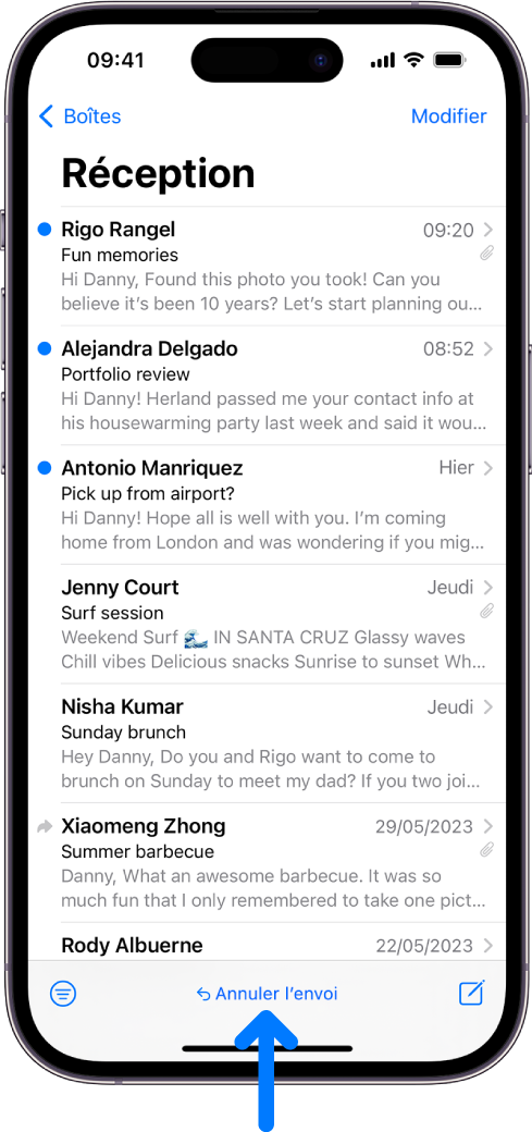 La boîte de réception affichant une liste d’e-mails. Le bouton « Annuler l’envoi » (permettant de retirer un e-mail envoyé récemment) se trouve au centre de l’écran, en bas.