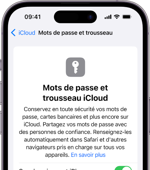 L’écran « Mot de passe et trousseau iCloud », avec un réglage pour synchroniser cet iPhone.