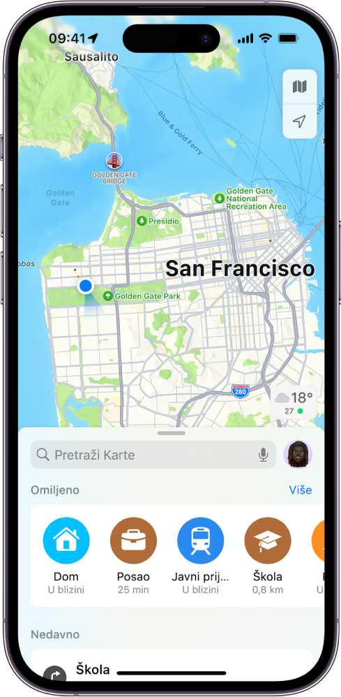 Zaslon Karte prikazuje polje za pretraživanje u donjoj polovici zaslona. Ispod polja za pretraživanje sljedeće su lokacije spremljene kao Omiljene: Dom, Posao, Javni prijevoz i Škola.
