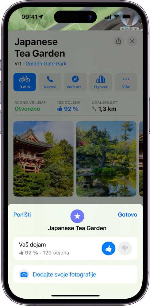 Kartica mjesta sa sveukupnom ocjenom za lokaciju, palcem prema gore kao odabranom ocjenom i tipkom za dodavanje fotografija.