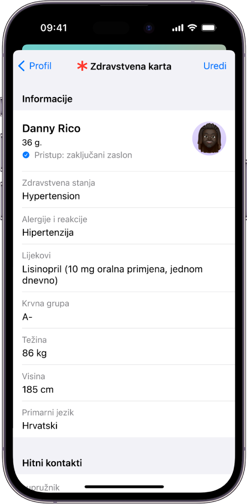 Zaslon zdravstvene karte koji sadrži informacije uključujući datum rođenja, zdravstvena stanja, lijekove i kontakt za slučaj nužde.