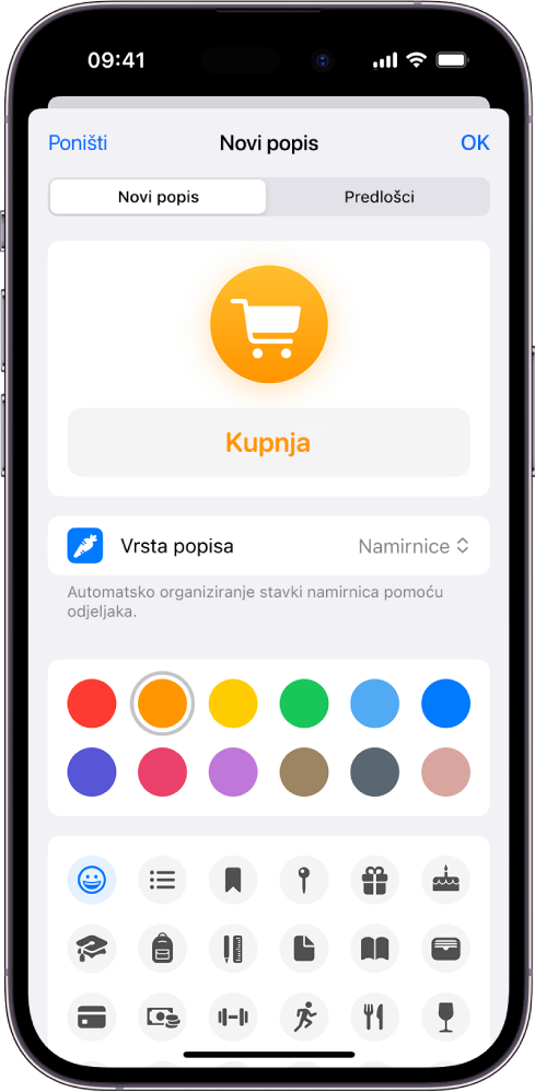 Zaslon za izradu novog popisa u Podsjetnicima. Možete prilagoditi naziv, vrstu popisa, boju i ikonu.
