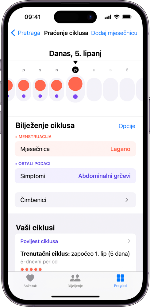 Zaslon Praćenje ciklusa koji prikazuje vremensku liniju za tjedan dana na vrhu zaslona. Puni crveni krugovi i ljubičaste točkice označavaju prvih 5 dana u vremenskoj liniji. Ispod vremenske linije nalaze se opcije za dodavanje informacija o mjesečnici, simptomima i ostalom.