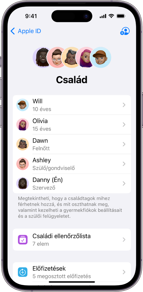A Beállítások Családi megosztás képernyője. Öt családtag látható egy listán. A neveik alatt a Családi ellenőrzőlista látható, az alatt pedig az Előfizetések és a Vásárlások megosztása opció.